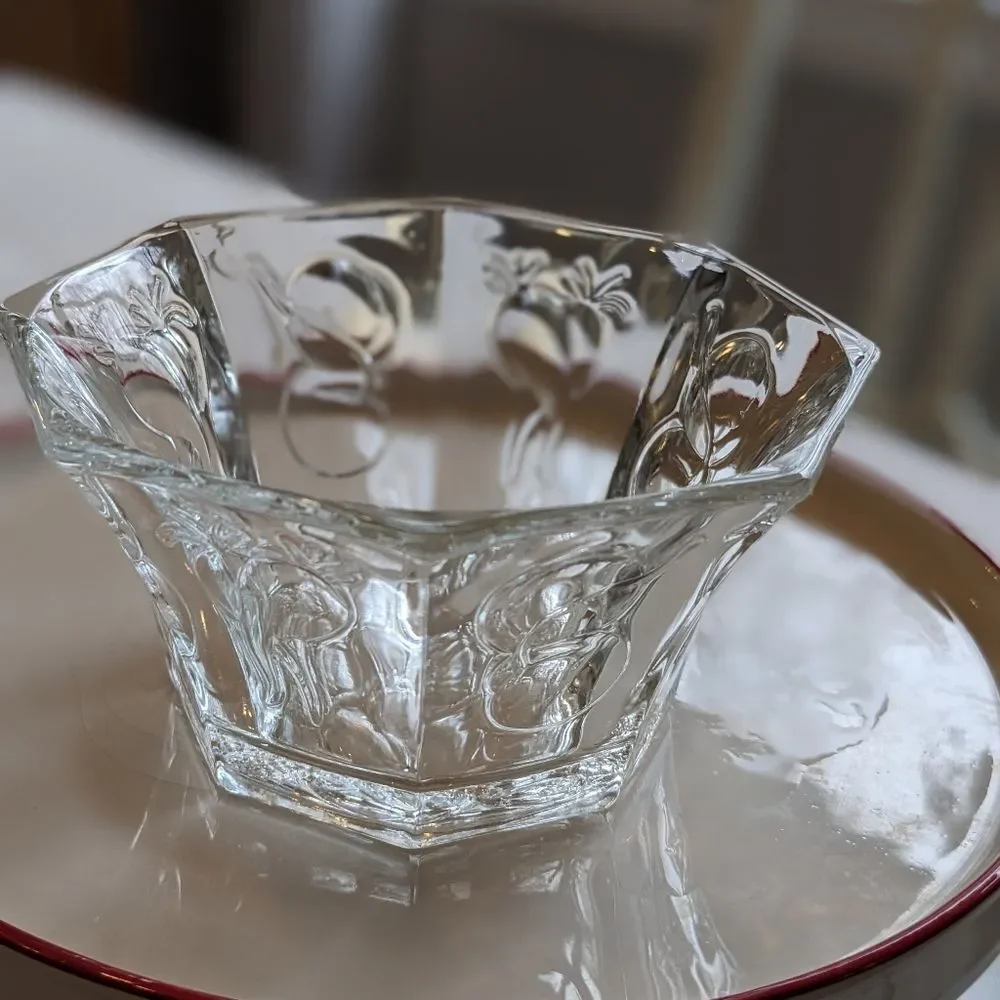 Vintage Ramekin Bowl MCM Glass Octagon 4 inch Embossed Fruits Vegetables 1950s